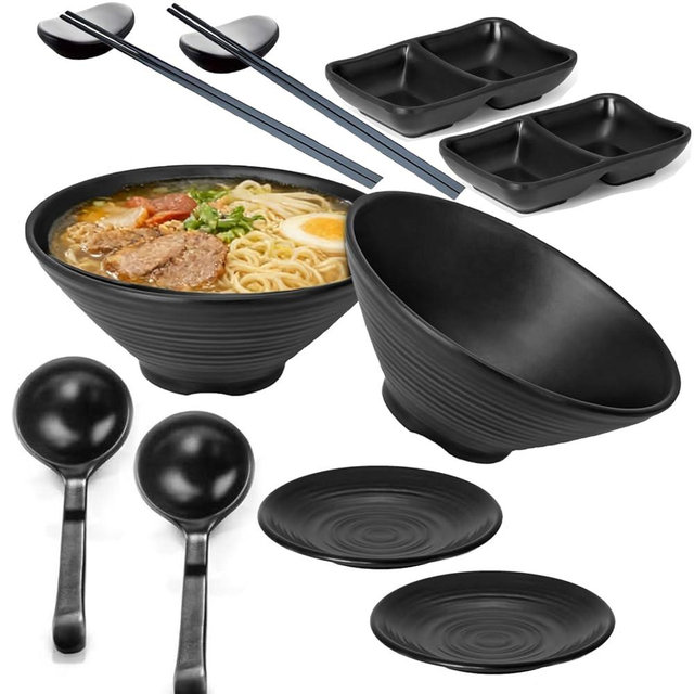 SYXLTSH Ramen Bowl Set of 2, with 2 Pairs Chopstick, 2 Soup Spoon, 2 Styles Dipping Saucers, Melamine Bowls for Nodles Salad Rice Dining Serving Kitchen 9" Black (Classic Bowls Set of 2 (12pcs))