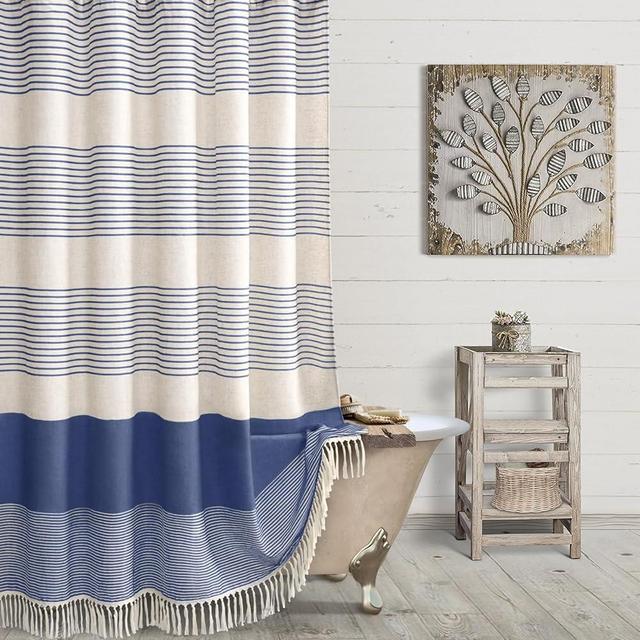 Awellife Farmhouse Shower Curtains for Bathroom,Boho Shower Curtain with Tassels,Blue Flax Striped Shower Curtain,Beige Linen Shower Curtain with Hooks,Rustic Shower Curtain Neutral 72x72 Inches