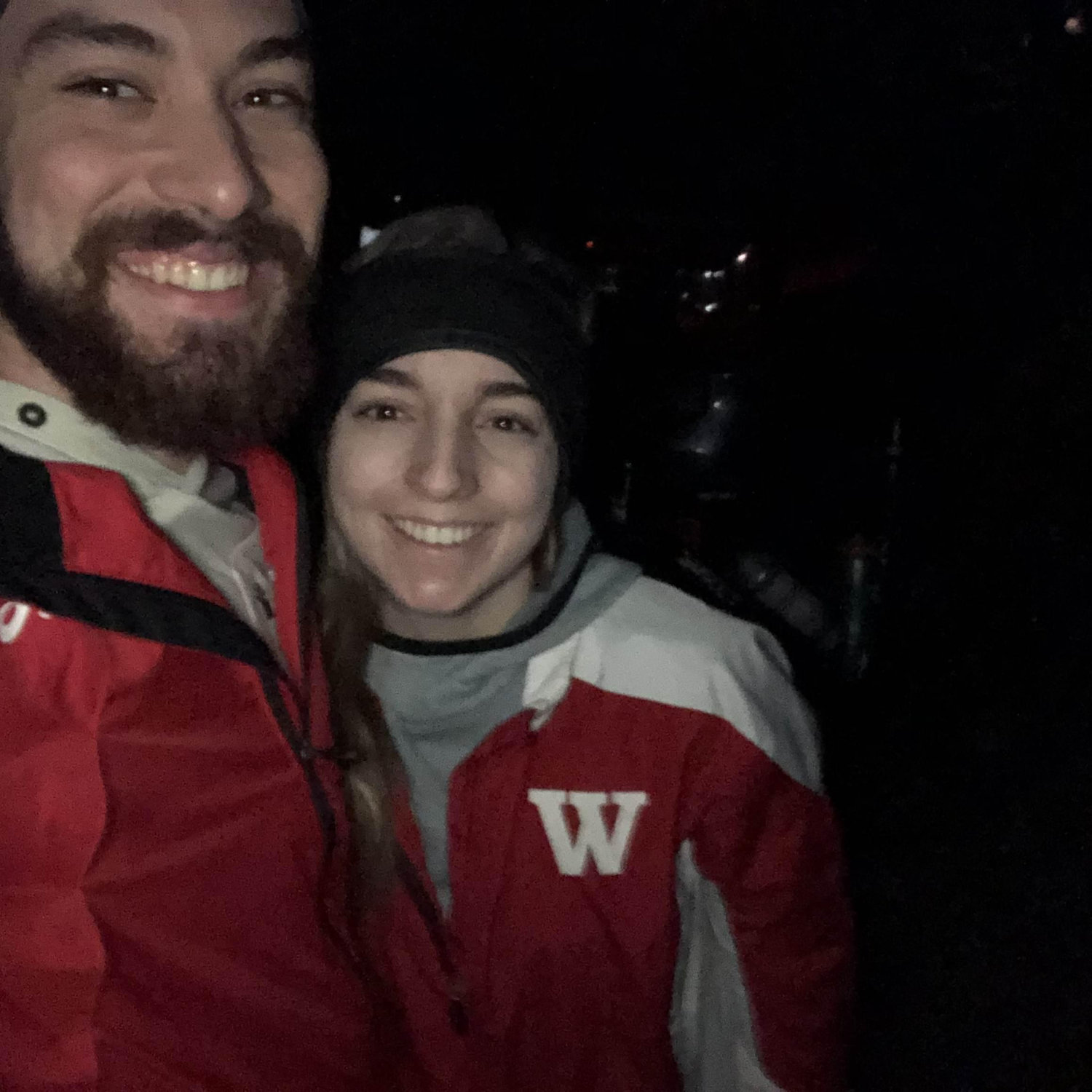 Us returning safely to the car after getting stuck in the dark on the mountain bike trails in Ann Arbor.