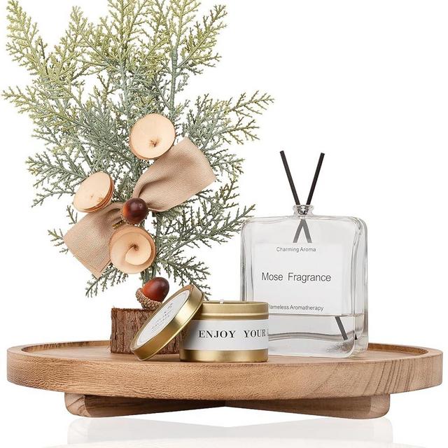Round Decorative Tray Wood Bathroom Counter Organizer Farmhouse Kitchen Decor Wooden Riser for Soap Dish, Perfume, Candle, Sponge, 12" - Brown