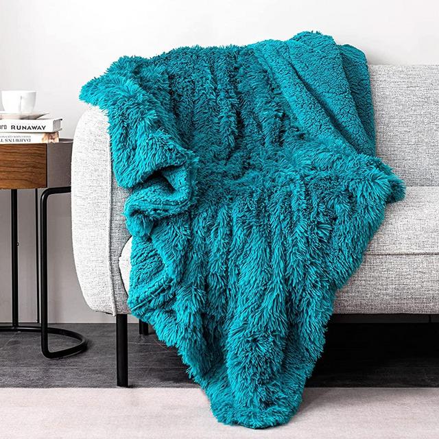 Pawque Decorative Soft Fluffy Faux Fur Throw Blanket 60" x 80", Reversible Long Shaggy Cozy Furry Blanket, Queen Size Bedding Blanket, Comfy Microfiber Accent Chic Plush Fuzzy Blanket, Teal Green