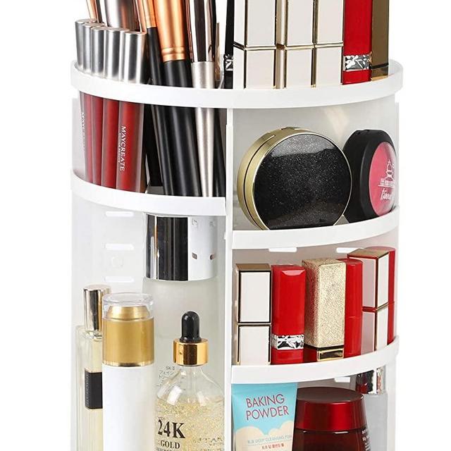 Syntus 360 Rotating Makeup Organizer, DIY Adjustable Bathroom Makeup Carousel Spinning Holder Rack, Large Capacity Cosmetics Storage Box Vanity Shelf Countertop, Fits Makeup Brushes, Lipsticks, White