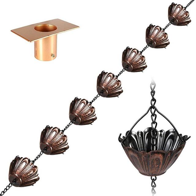 Vindar Rain Chain, 8.5 FT Rain Chain for Gutters - MG4591(Red Bronze Colored) Rain Catcher for Downspout with Adapter, Thick Iron Flower Cups Garden Decorative