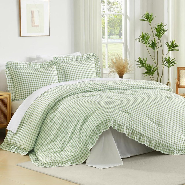 Andency Sage Gingham Ruffle Comforter Queen(90x90Inch), 3 Pieces(1 Ruffled Comforter and 2 Pillowcases) Solid Farmhouse Shabby Chic Bed, Vintage Rustic Soft Microfiber Bedding Set