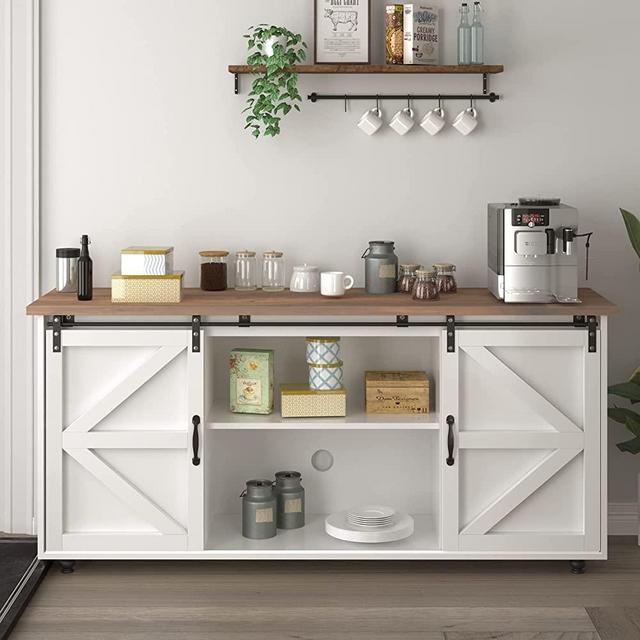 Farmhouse Buffet Cabinet, 58'' White Coffee Bar Cabinet Cupboard with Sliding Barn Door, Wood Sideboard Buffet Cabinet Accent Cabinets with Adjustable Shelves for Kitchen Dining Living Room