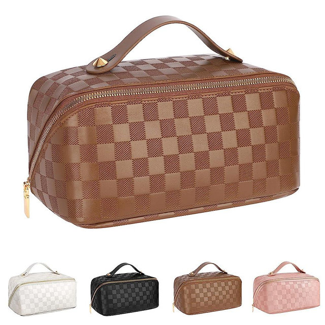 ALEXTINA Large Capacity Travel Cosmetic Bag - Portable Women Waterproof PU Leather Checkered Makeup Organizer with Dividers and Handle,Toiletry Bag for Cosmetics, Brown