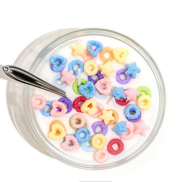 Fruit Loops Cereal Candle, Cereal Bowl Candle with Real Metal Spoon and Glass Bowl, Birthday Candle, 3 Wick Soy Wax Cereal Candle, Cute Room Decor with Fruit Scent