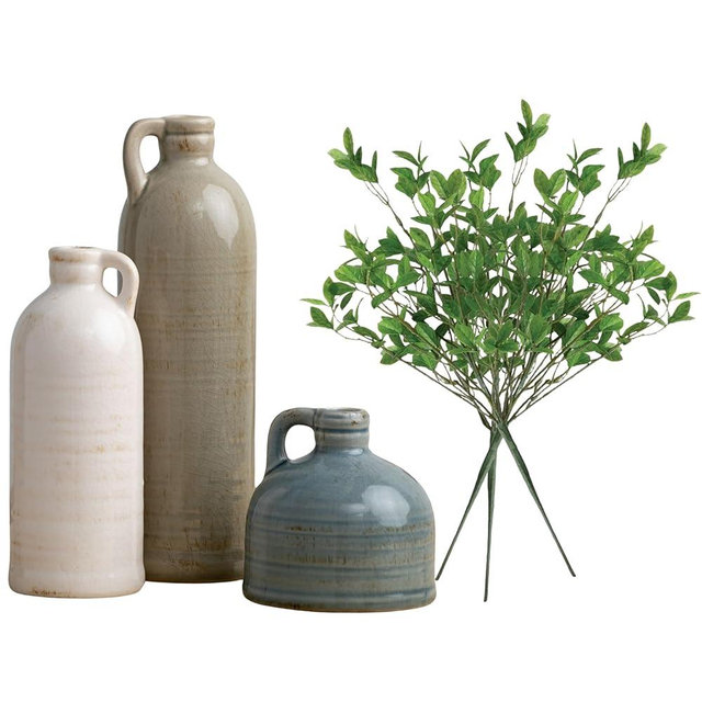 Sullivans Ceramic Jug Vase Set and Greenery Leaf Stem Bundle, Farmhouse Decor, Kitchen, Bedroom, Office, Living Room, Bathroom, & Coffee Table Centerpiece Decorations, Vases for Mantle & Shelf Decor