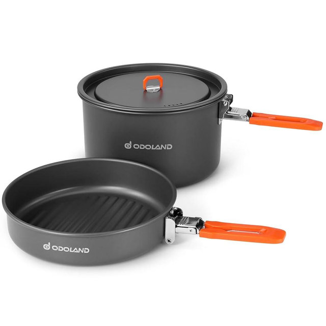 Odoland Camping Cookware Mess Kit, Non-Stick Lightweight Camping Pot and Fry Pan Set with Mesh Bag for Camping, Backpacking, Outdoor Cooking and Picnic