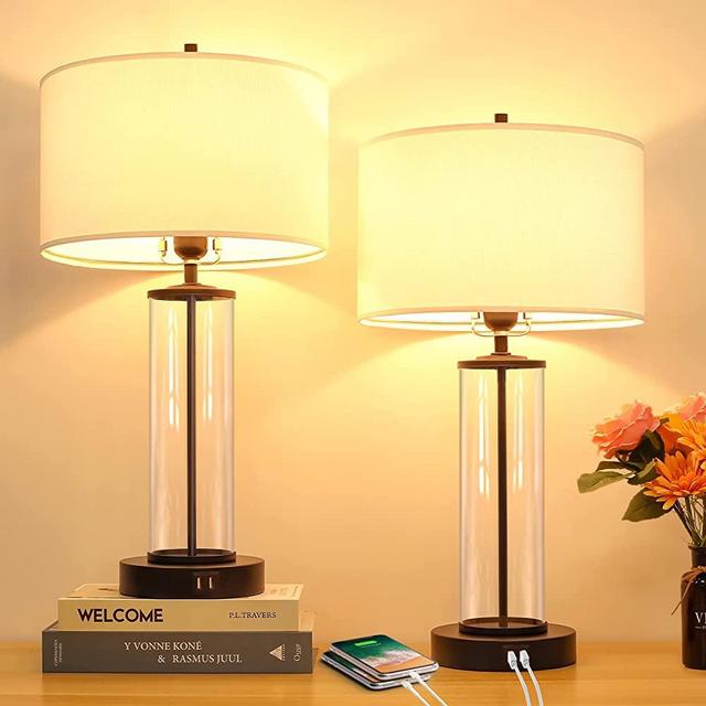 Touch Control Tall Glass Table Lamps for Living Room Set of 2, Modern 3-Way Dimmable Bedside Lamps with 2 USB Ports &White Fabric Drum Shades for Reading Bedroom Nightstand Hotel, 2 LED Bulbs Included