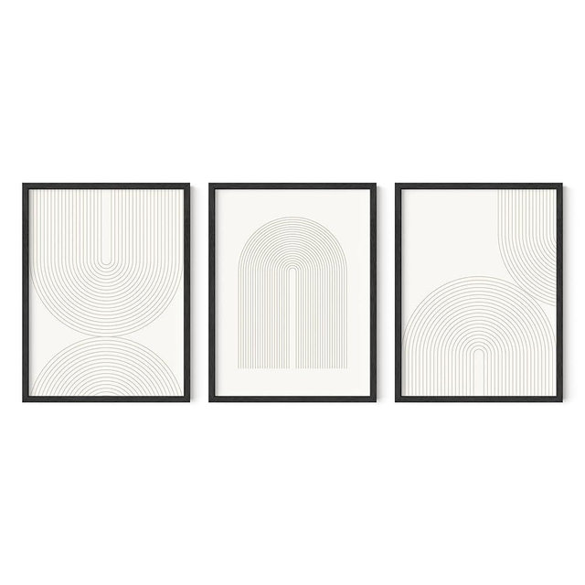 HAUS AND HUES Boho Wall Art - Set of 3 Frameable Mid Century Modern Art for Living Room, Minimalist Beige Wall Art, Line Wall Decor, Boho Decor, Light Arches Art (Black Frame, 12x16)