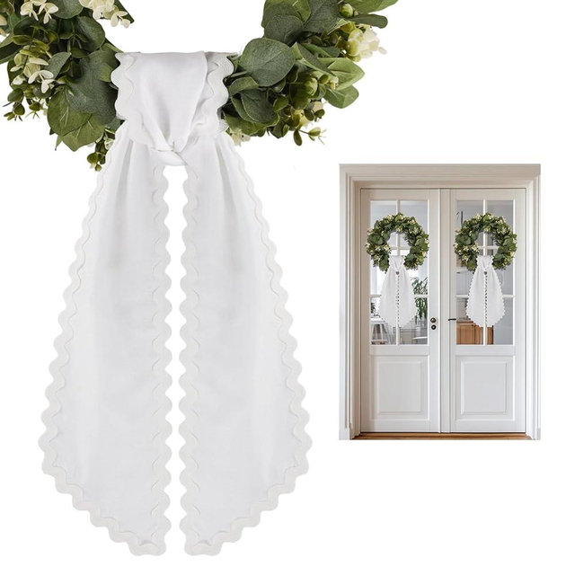 2 Pcs Scalloped Wreath Sash for Front Door Ruffle Wreath Ribbon for Yard Porch Garland Home Decor(White)