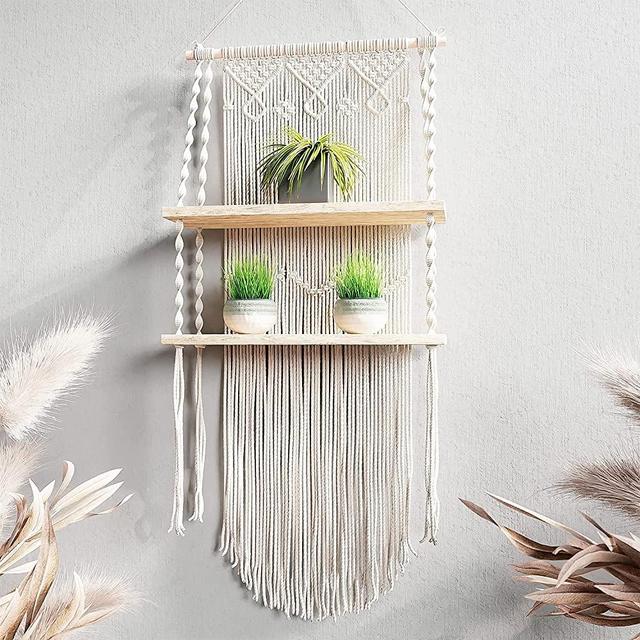 Boxanho Macrame Wall Hanging Shelf – Boho Shelf Hanging Wall Decor – Paulownia Wood and Cotton Rope Macrame Shelf – Perfect for Plants, Art, Picture Frames, Vintage Bohemian Home Decor