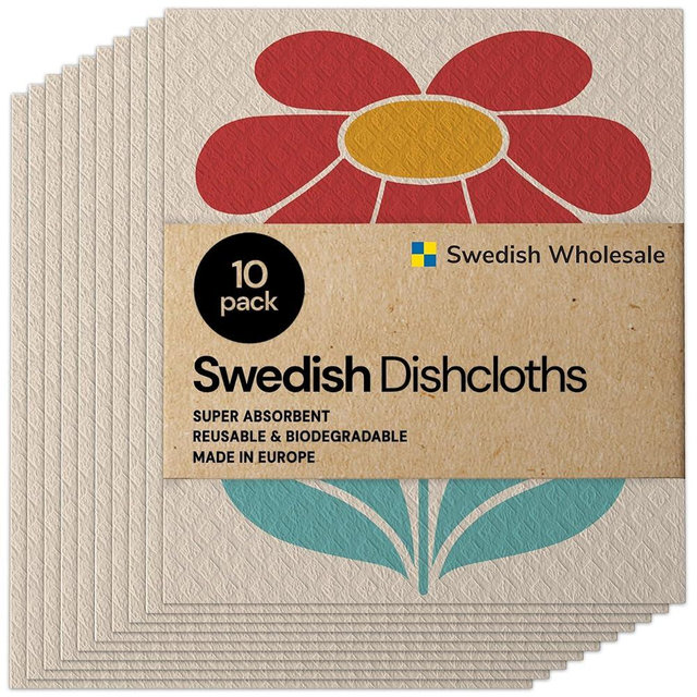 Swedish Wholesale Swedish DishCloths for Kitchen- 10 Pack Reusable Paper Towels Washable - Eco Friendly Cellulose Sponge Microfiber Dish Cloths - Kitchen Essentials - Red Flower
