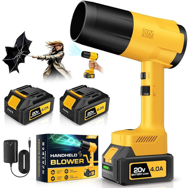 Leaf Blower Cordless, Handheld Leaf Blower with 2 X 4.0Ah Battery and Charger, Snow Blower with 6 Speed Modes, Lightweight Blowers for Lawn Care, Patio, Yard, Blowing Snow, Leaves, Dust-Yellow