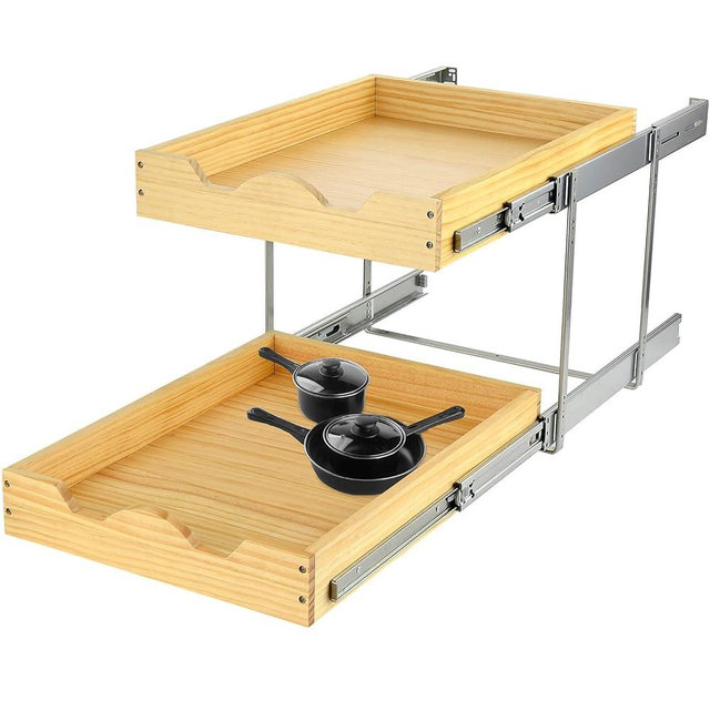 OCG 2 Tier Pull Out Cabinet Organizer (17" W x 21" D), Double Tier Slide Out Wood Drawer Shelf, Pull Out Shelves for Base Cabinet Organization in Kitchen, Pantry, Bathroom