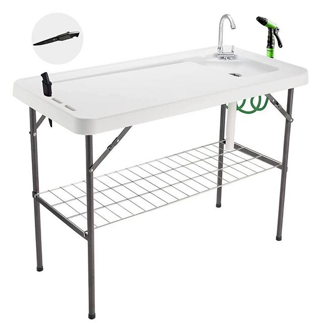 Avocahom Folding Fish Cleaning Table Portable Camping Sink Table with Faucet Drainage Hose & Sprayer Outdoor Fish Fillet Cleaning Station with Grid Rack & Knife Groove for Picnic Fishing, Black
