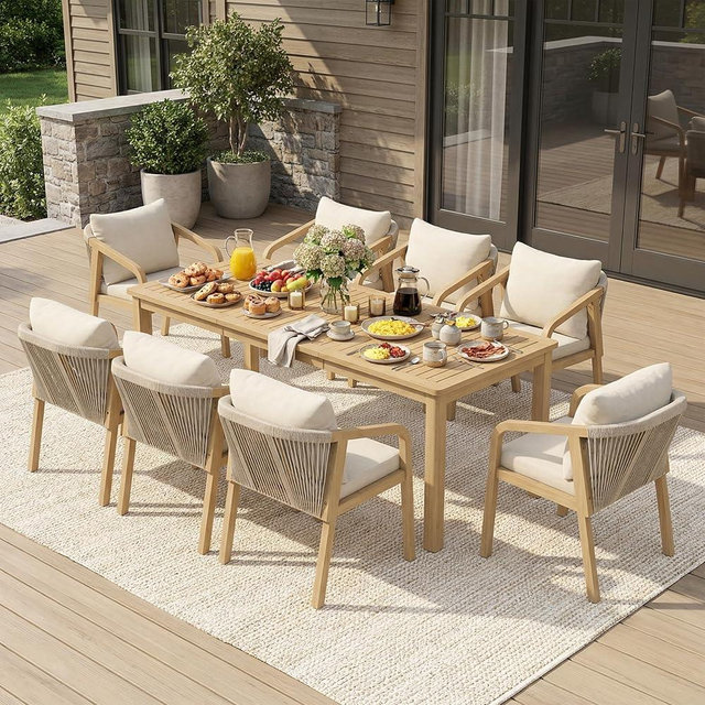 Wisteria Lane 9 Pieces Acacia Outdoor Patio Table and Chairs Set for 8, Patio Outdoor Dining Table Set with Cushion, Modern Outdoor Patio Table Set for Lawn Backyard Garden Deck, Beige