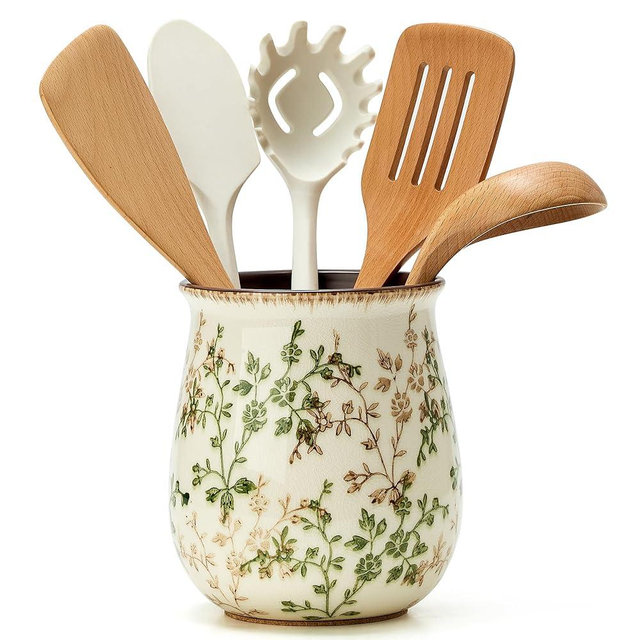 Utensil Holder for Kitchen Counter, Modern Nordic Boho Style Cooking Utensil Holder and Crock Home Kitchen Decor, Ceramic Utensil Organizer for Spatula, Ladle, Eggbeater, Rolling Pin- Green and Beige