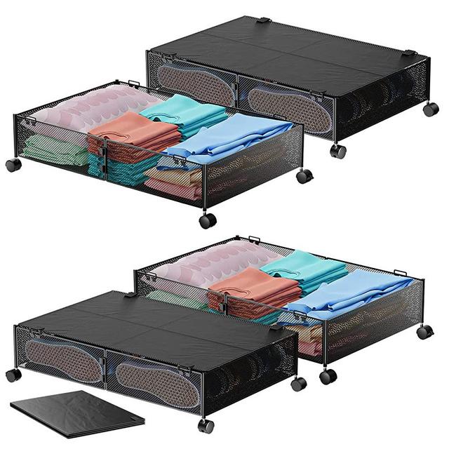 MURBONE Under Bed Storage with Wheels Under Bed Shoe Storage Containers Organizer Metal Underbed Storage bins Easy Assembly Drawers for Bedroom Clothes Shoes Blankets（Black，4pc）