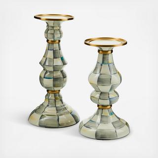 Sterling Check Enamel Pillar Candlestick