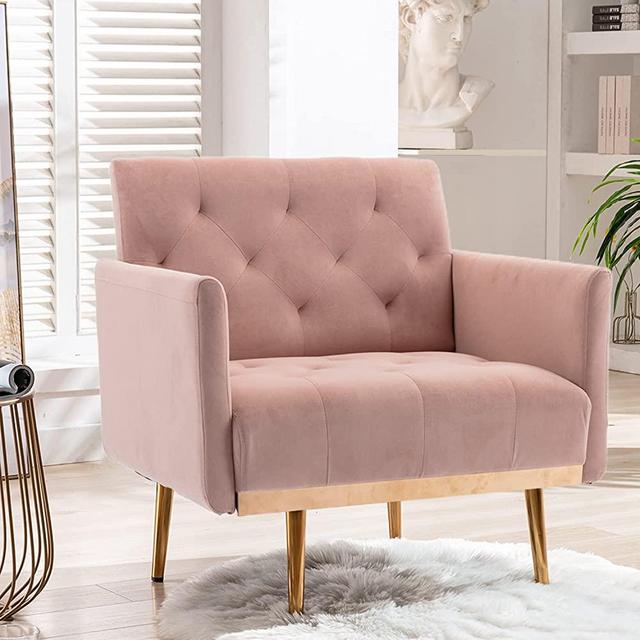JOYBASE Velvet Accent Chair, Velvet Armchair, Mid Century Modern Chair with Gold Metal Legs, Tufted Accent Chair, Comfy Reading Chair, Arm Chair for Living Room, Bedroom (Pink)