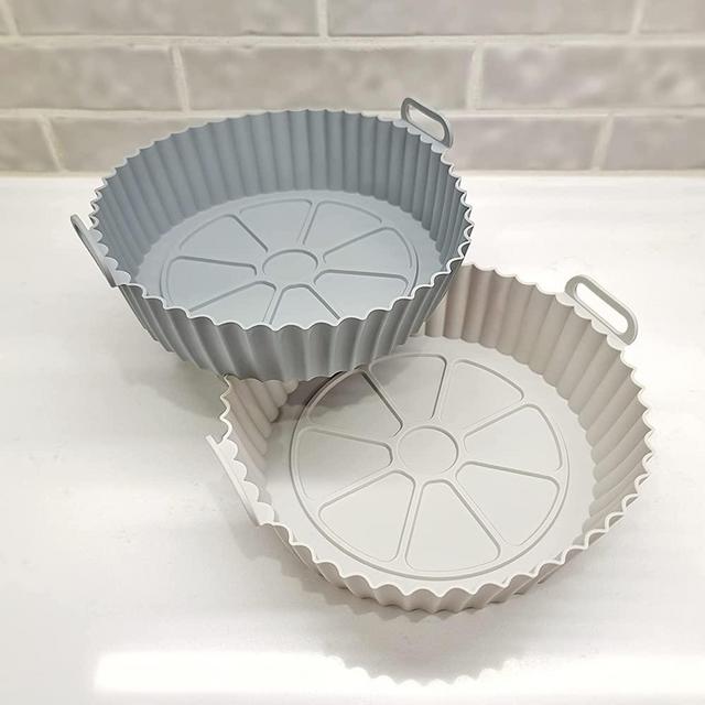 2-Pack Silicone Air Fryer Liner 8 inch Reusable Air Fryer Basket Heat Resistant Easy Cleaning Air fryers Silicone Pot Round for 4 Qt and up Air fryer Oven Accessories (Grey/Tan)
