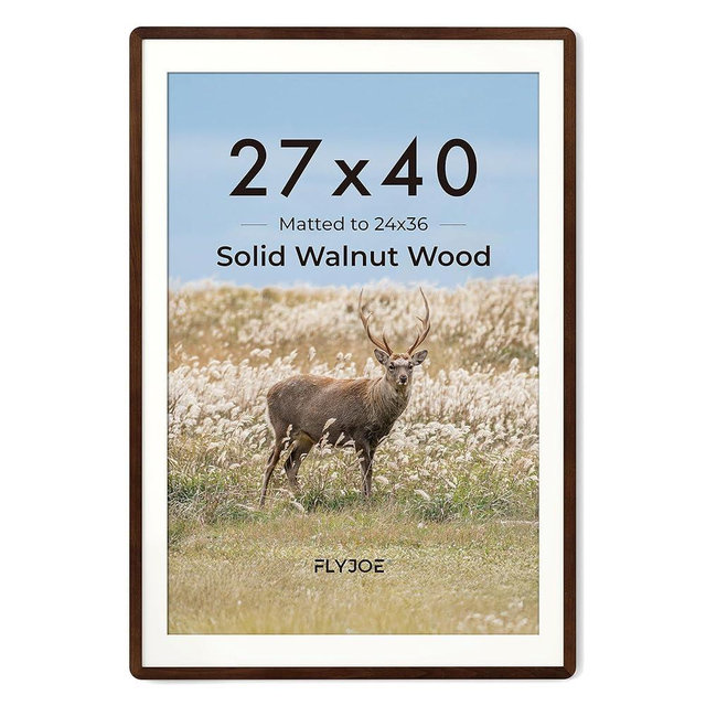 FLYJOE 27x40 inch Poster Frame - Solid Walnut Wood 27 x 40 Poster Frame, Movie Poster Frame 27x40 With Mat For 24x36, Tempered Glass and Hanging Hardware Included, 27x40 Frame Wood, Natural Walnut