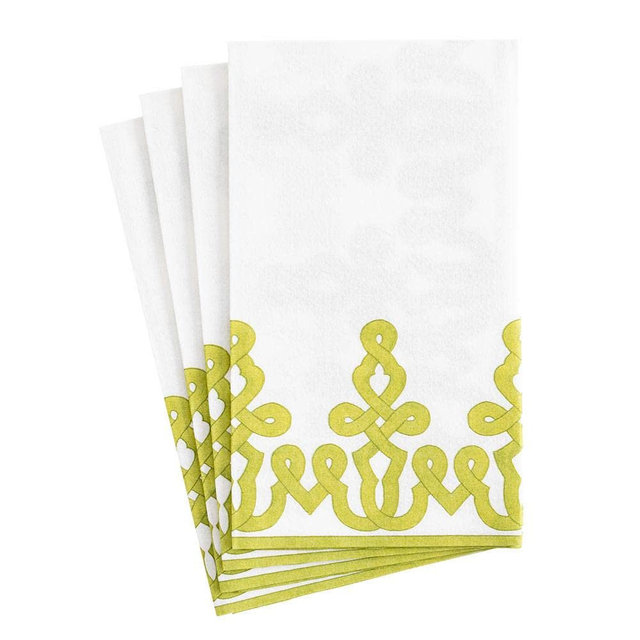 Caspari Dessin Passementerie Paper Linen Guest Towel Napkins in Moss Greens - Four Packs of 12