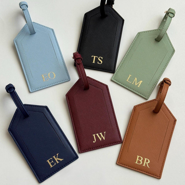 Personalized Luggage Tag: Saffiano PU Leather Travel Gift with Gold Buckle Wedding Favor