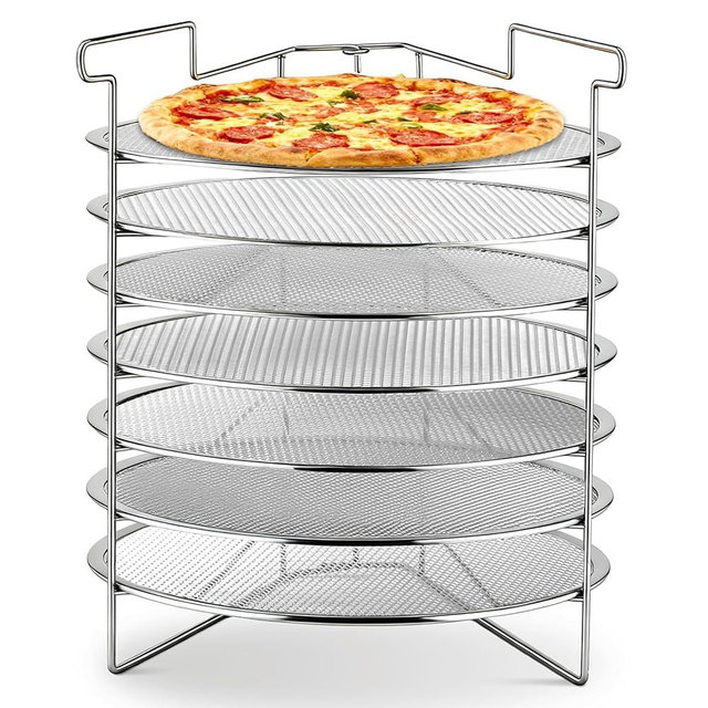 Honeydak 7-Slot Folding Pizza Pan Rack with 7 14-Inch Pizza Baking Screens for Compact Convenient and Easy Storage, Home Restaurant