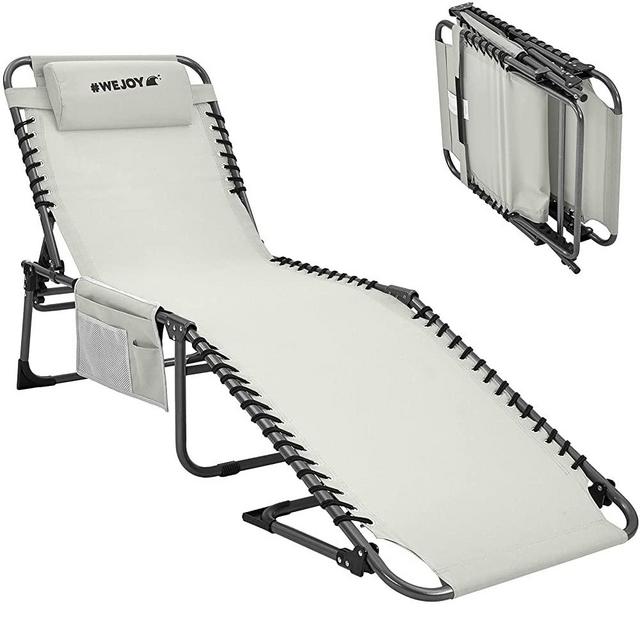 #WEJOY 5-Position Adjustable Folding Chaise Lounge Chair for Beach, Portable Lounge Chair for Sunbathing, Tanning, Pool, Patio, Lawn, Camping Reclining Chair with Pillow,Grey