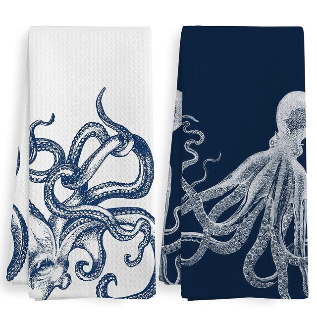 XNXLDYLH Coastal Octopus Beach Decor Dish Hand Tea Towels for Bathroom Kitchen, Octopus Ocean Nautical Beachy Bathroom Decor, Coastal Nautical Kitchen Towels and Dishcloths Sets of 2, 16x24 Inches