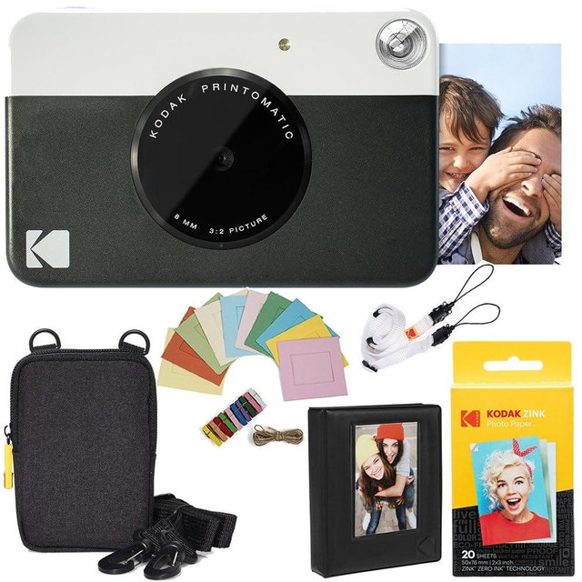 Kodak Printomatic Instant Camera Bundle (Black) Zink Paper (20 Sheets) - Case - Photo Album - Hanging Frames.