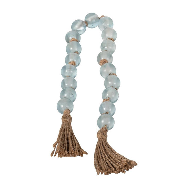 Sagebrook Home Glass Bead Garland with Tassels - Handmade Decorative Beads - Coastal Farmhouse Style - Boho Rustic Accent for Coffee Table, Shelf, or Mantel - 2" Blue