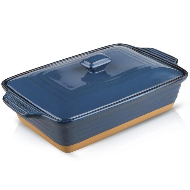 HVH Ceramic Casserole Dish with Lid Oven Safe, 3.5 Quart Large Casserole Dish, Covered Rectangular Casserole Dish Set, 9x13 Casserole Dish, Baking Dishes for Casseroles, Farmhouse Style (Blue)