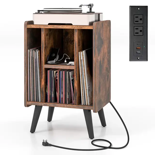 Tangkula Record Player Stand w/ Charging Station & USB Ports, Nightstand Side Table w/ Vinyl Storage Cabinet for Living Room Bedroom, Album Display