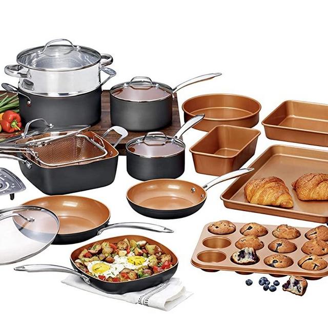 Gotham Steel Pro Hard Anodized 20 Piece Bakeware Premium Cookware Set with Ultimate Nonstick Ceramic & Titanium Coating-Includes Fry, Stock Pots, Baking Pans, Brown