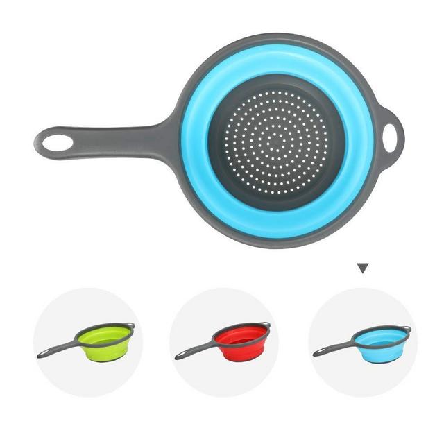 Kitchen Foldable Silicone Strainer, Learja Collapsible Colander with Handle, Food-Grade Silicone kitchen Strainer Space-Saver Folding Strainer Colander, 2 quart (Blue, 1 Pack)