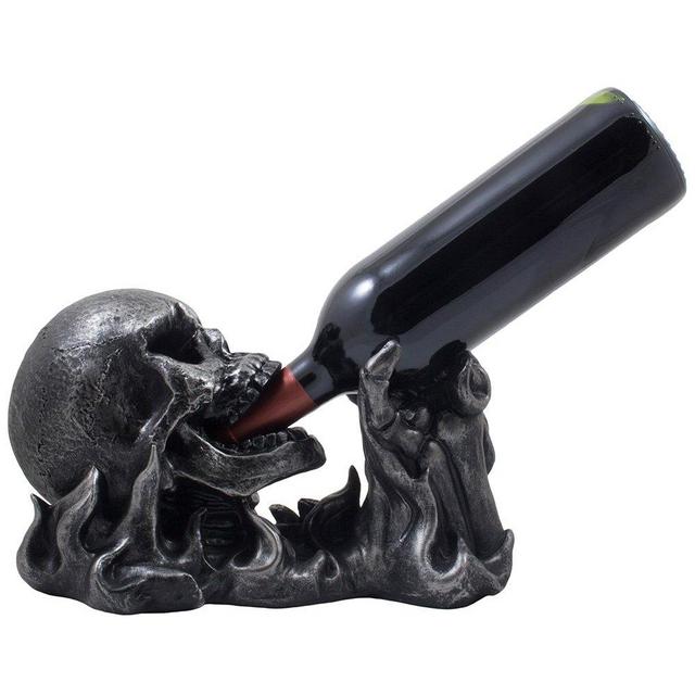 Evil Skull Rising from Flames Wine Bottle Holder Statue in Metallic Look for Scary Skeleton Halloween Party Decorations or Spooky Gothic Bar Decor As Gifts for Man Cave