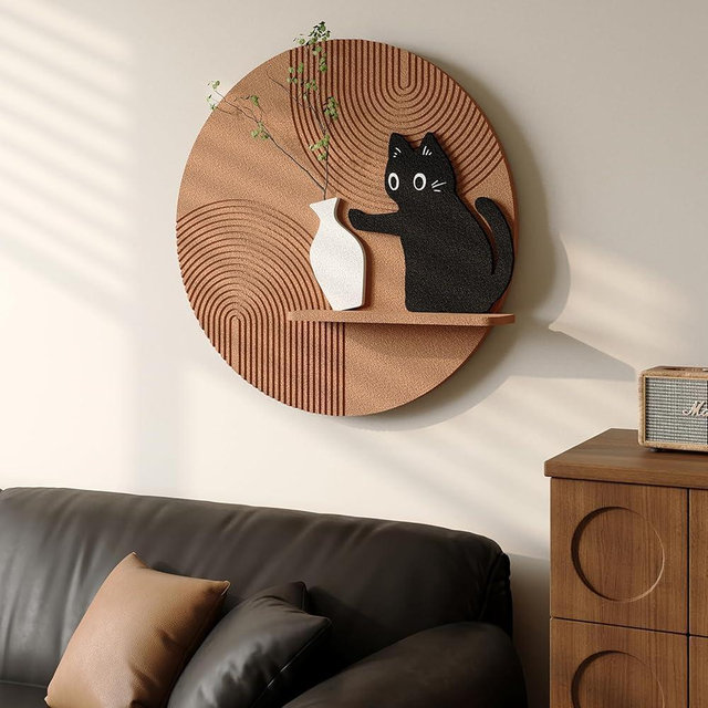 Troartos 3D Textured Round Abstract Wall Art for Living Room, Modern Brown Black and White Cat Design With Shelf, Minimalist Geometric Wall Decor for Hallway, Dining Room, Bedroom, Office, 24x24 Inch