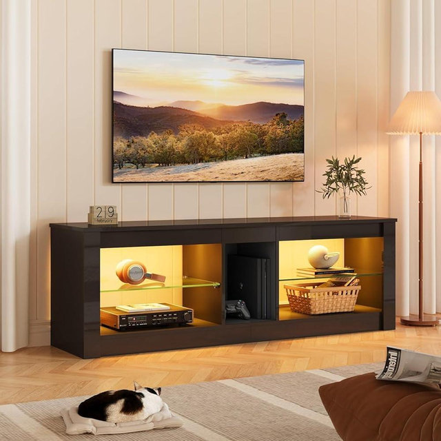 Bestier Modern TV Stand for 55 60 inch TV with LED Lights, High Gloss Entertainment Center TV Console Table with Storage Shelves for Living Room, Glossy Black