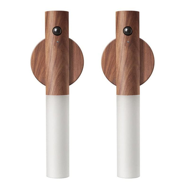 FR.Tooc Wall Sconces, Motion Sensor Night Light, Smart Portable Sensor Night Light Wood USB Rechargeable Magnetic Night Light for Bedroom, Hallway, Stairway Wall Induction lamp (Walnut Wood 2PCS)