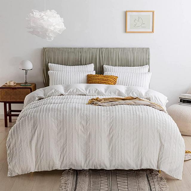 JELLYMONI White Duvet Cover Queen Size - 3PCS Microfiber Tufted Duvet Cover Set, Boho Striped Tufted Textured Duvet Cover with Corner Ties & Zipper Closure