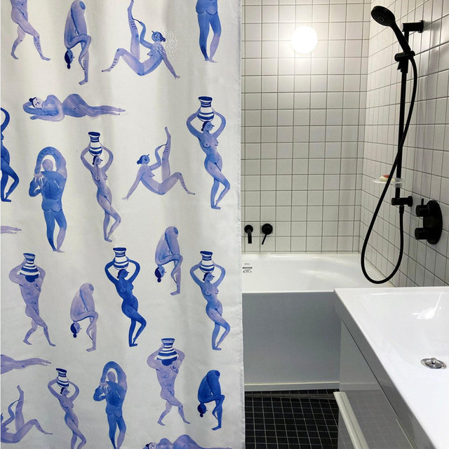 Violet Blue Watercolor Shower Curtain, Bathing Figures, Modern Art