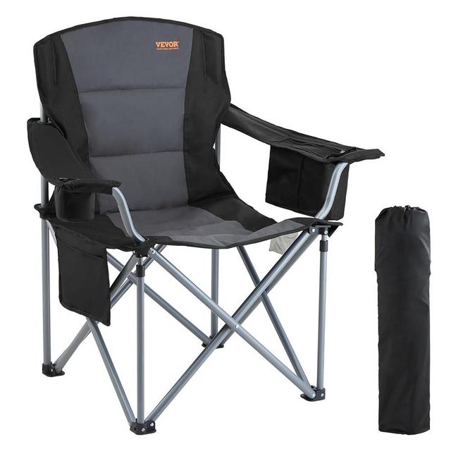VEVOR Camping Folding Chair, Portable Heavy Duty Outdoor Quad Lumbar Back Padded with Side Pockets, Cup Holder and Cooler Bag for Beach, Lawn, Picnic, Fishing, Backpacking, Black