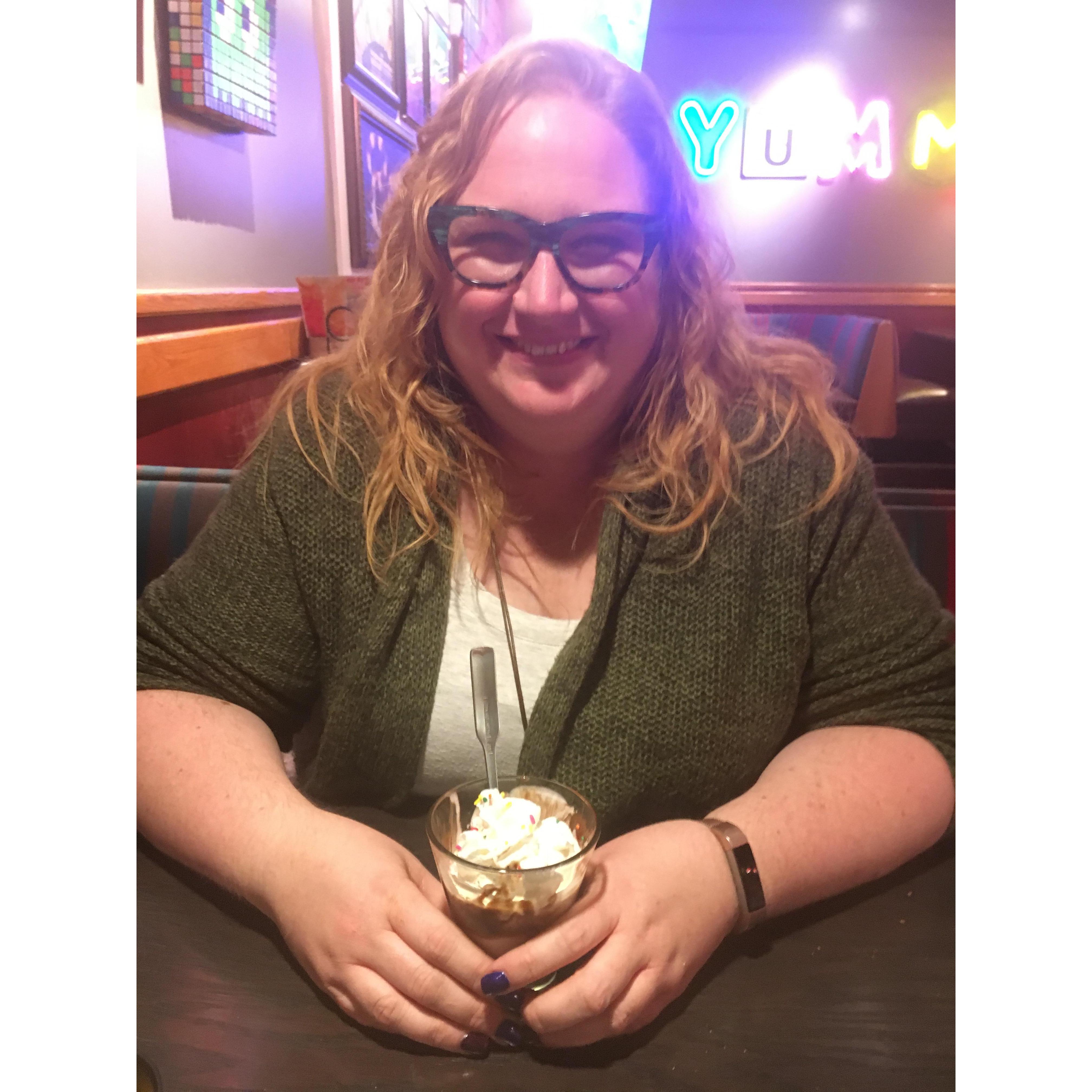 Rebecca's free birthday Sundae at Red Robin for her 34th birthday