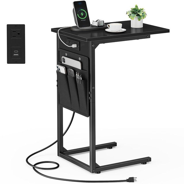 Vagusicc C Shaped End Table with Charging Station, Small Side Table for Couch, Couch Side Tables Recliner Desk, Slide Under Sofa Table TV Tray Arm C Tables for Living Room, Bedroom, Bedside, Black