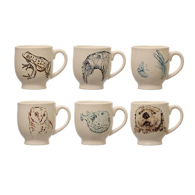 Creative Co-Op 5 Inches Round Stoneware Animal Print Designs, Cream, Set of 6 Mugs