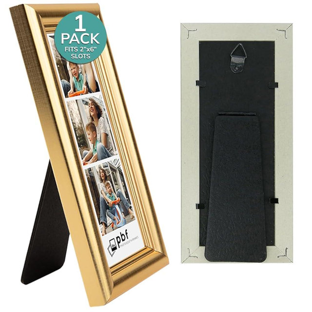pbf PHOTO BOOTH FRAMES 2x6 Photo Strip Frame | 2 x 6 Photo Booth Strip Frame with Stand | Picture Frame for Photo Booth Strip | Premium Designer Photobooth Frame (Gold)